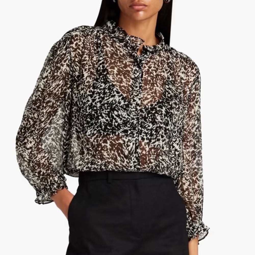 ba&sh Elia Ruffle Blouse Black White Abstract Animal Print Parisian Boho Chic S